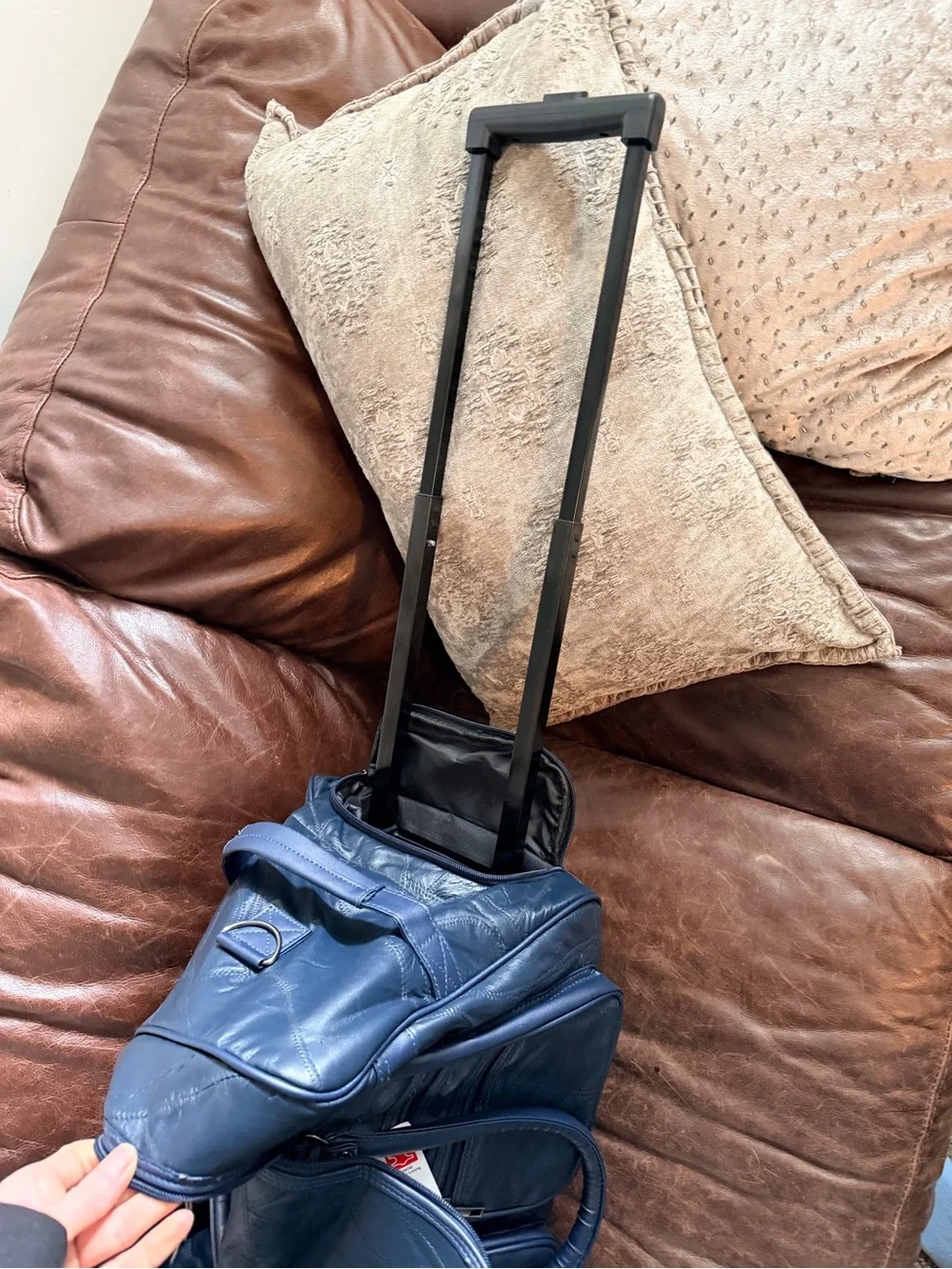 Navy Vintage Patchwork Genuine Leather Travel Carry-On Bag with Multi-Pockets